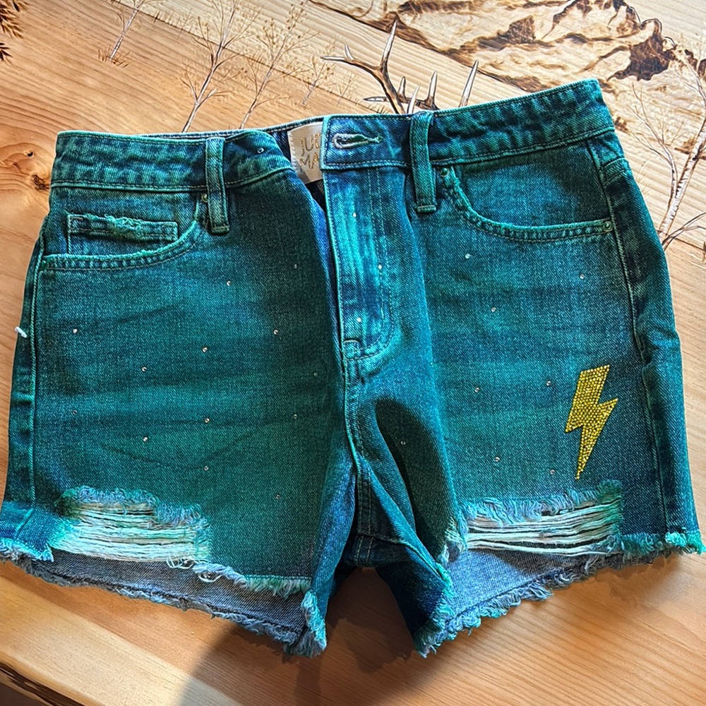 Judith March Teal Denim Shorts with Lightning Bolt